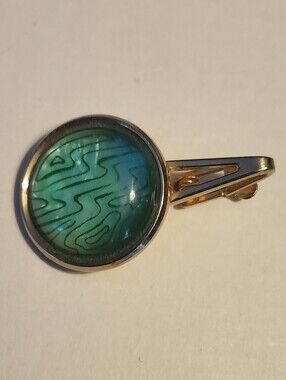 Vtg Foster Art Deco Green Patterned Cabochon Tie Clip Gold Tone